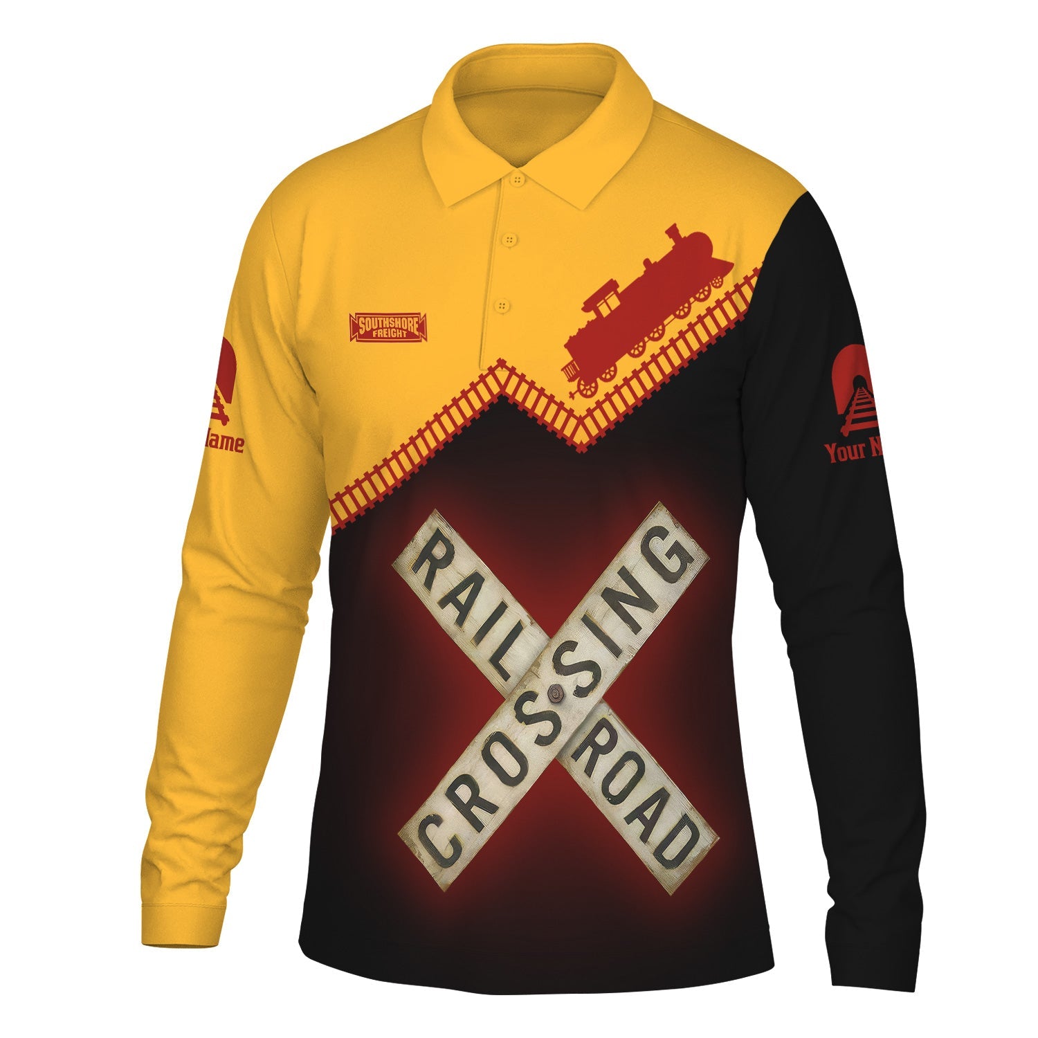 Railspirit Custom Name Chicago South Shore and South Bend Railroad Long Sleeve Polo Shirt Railroad Crossing Printed Train Track Shirt