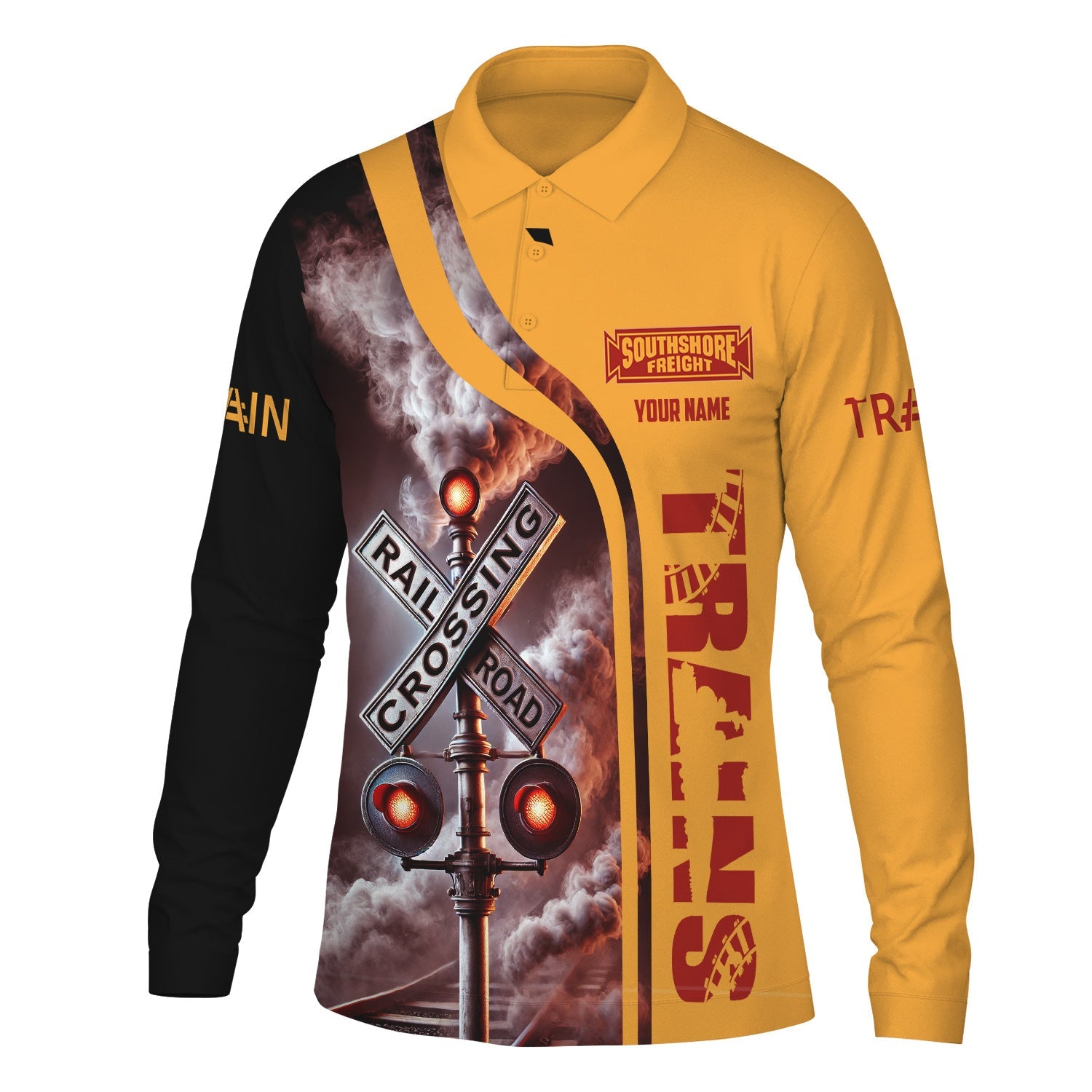 Railspirit Custom Name Chicago South Shore and South Bend Railroad Long Sleeve Polo Shirt Railroad Crossing Sign Printed Shirt