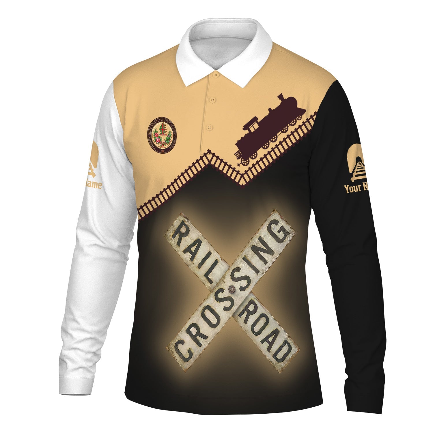Railspirit Custom Name London, Midland and Scottish Railway Long Sleeve Polo Shirt Railroad Crossing Printed Train Track Shirt