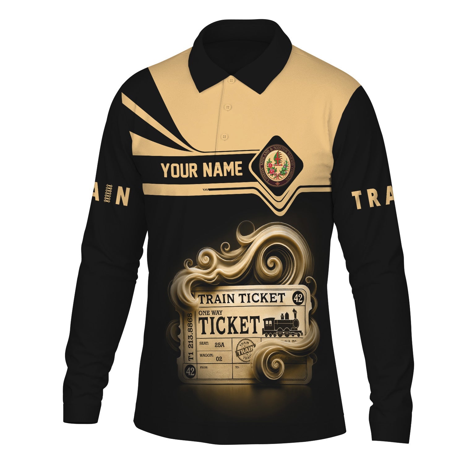 Railspirit Custom Name London, Midland and Scottish Railway Long Sleeve Polo Shirt Train Ticket Printed Shirt