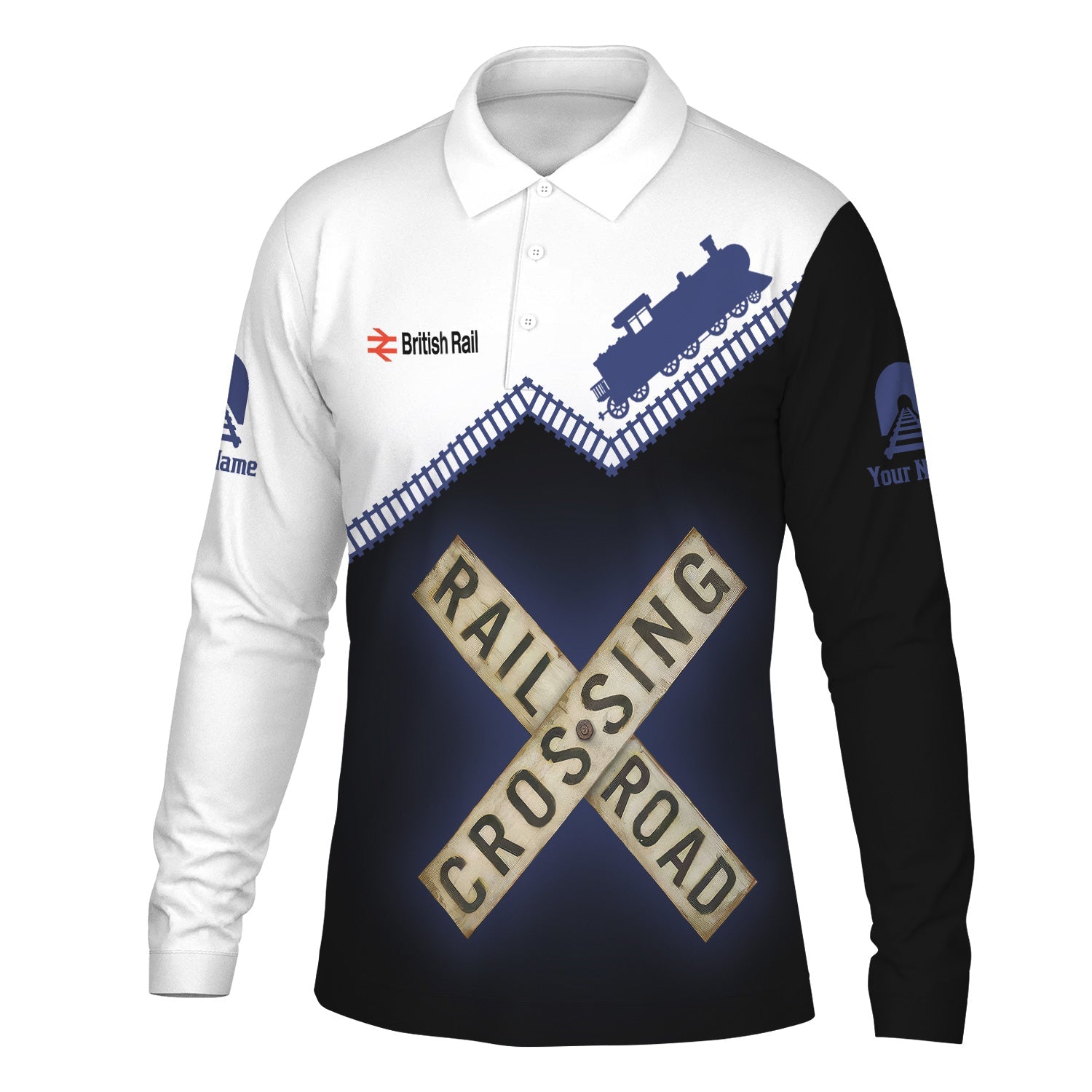 Railspirit Custom Name British Railway Long Sleeve Polo Shirt Railroad Crossing Printed Train Track Shirt