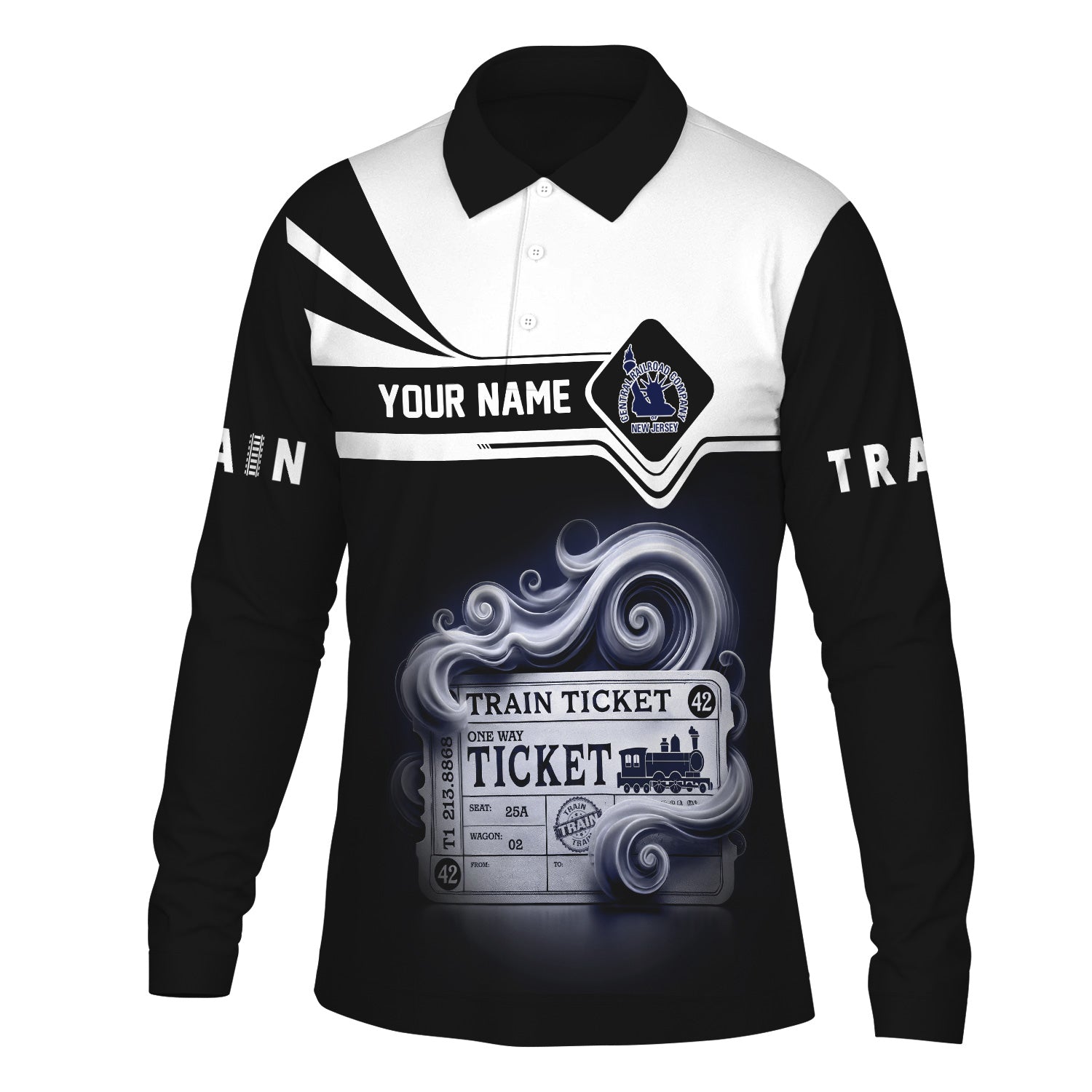 Railspirit Custom Name CNJ Jersey Central Railroad Long Sleeve Polo Shirt Train Ticket Printed Shirt