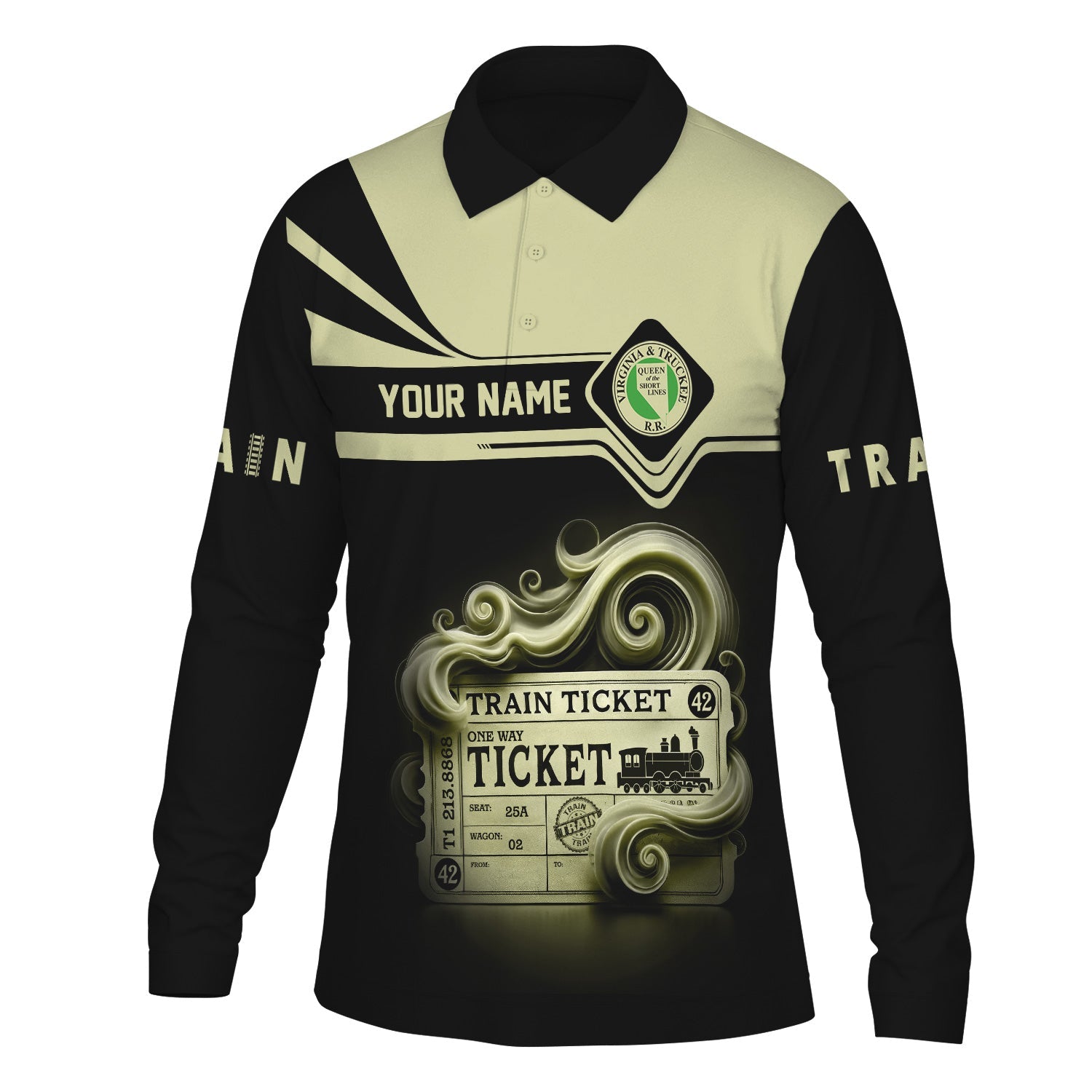 Railspirit Custom Name Virginia & Truckee Railroad Long Sleeve Polo Shirt Train Ticket Printed Shirt
