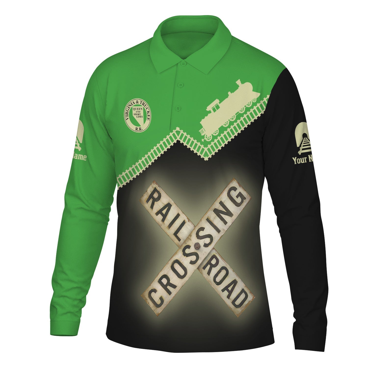Railspirit Custom Name Virginia & Truckee Railroad Long Sleeve Polo Shirt Railroad Crossing Printed Train Track Shirt