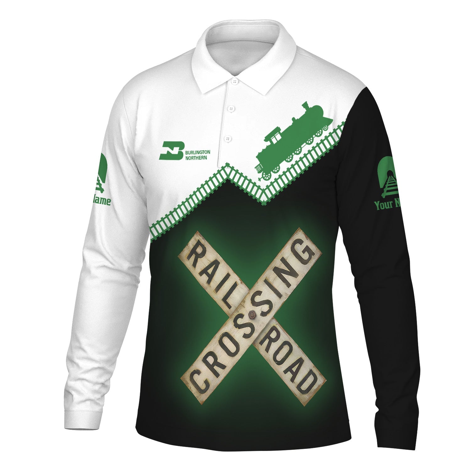 Railspirit Custom Name Burlington Northern Railroad Long Sleeve Polo Shirt Railroad Crossing Printed Train Track Shirt