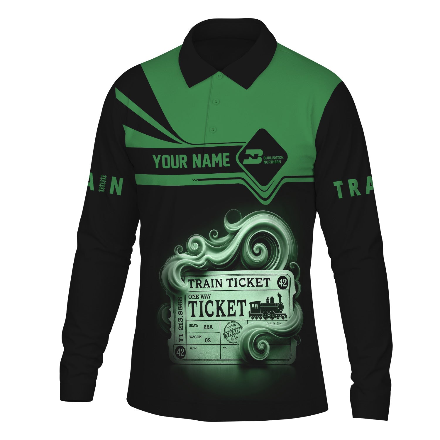 Railspirit Custom Name Burlington Northern Railroad Long Sleeve Polo Shirt Train Ticket Printed Shirt