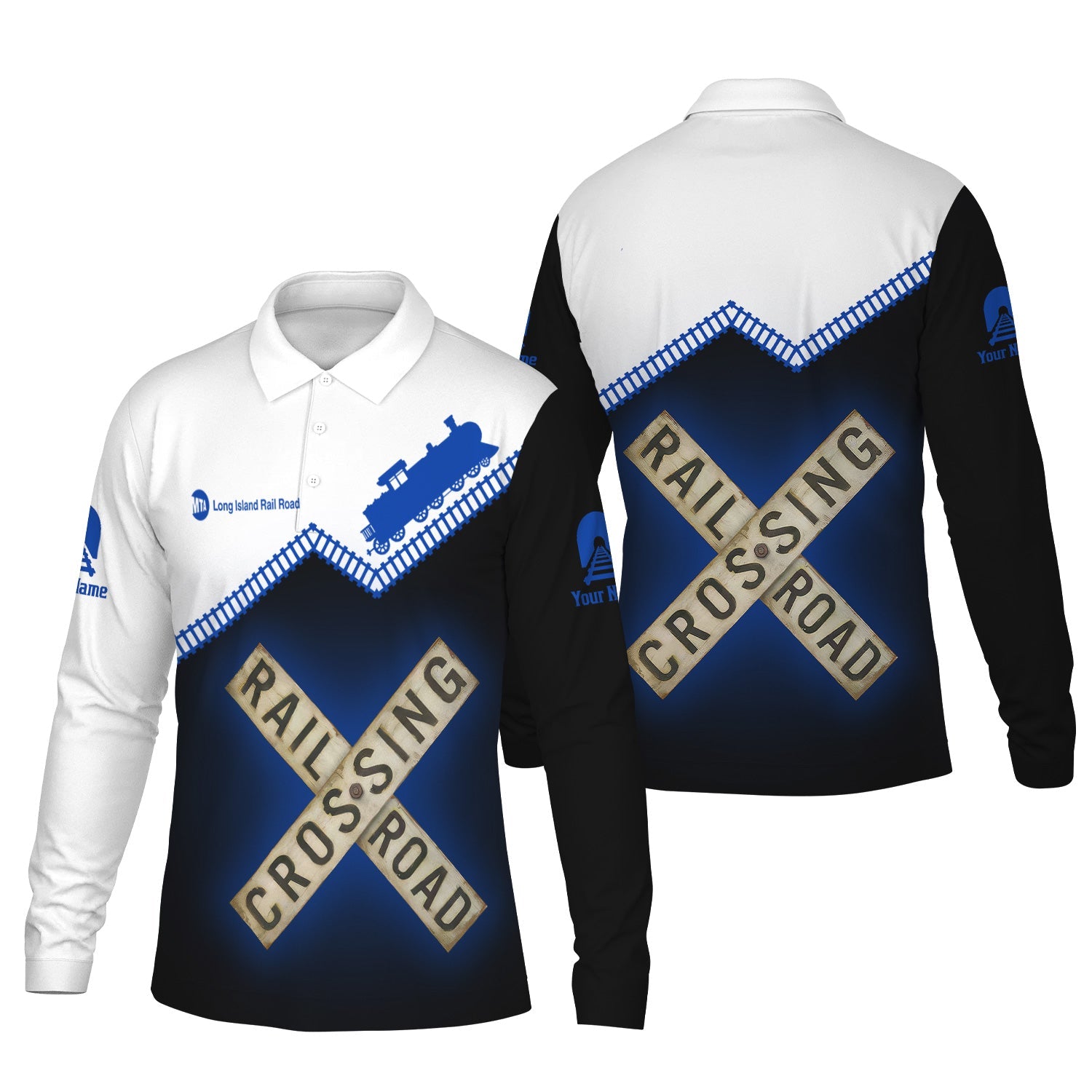 Railspirit Custom Name Long Island Railroad Long Sleeve Polo Shirt Railroad Crossing Printed Train Track Shirt