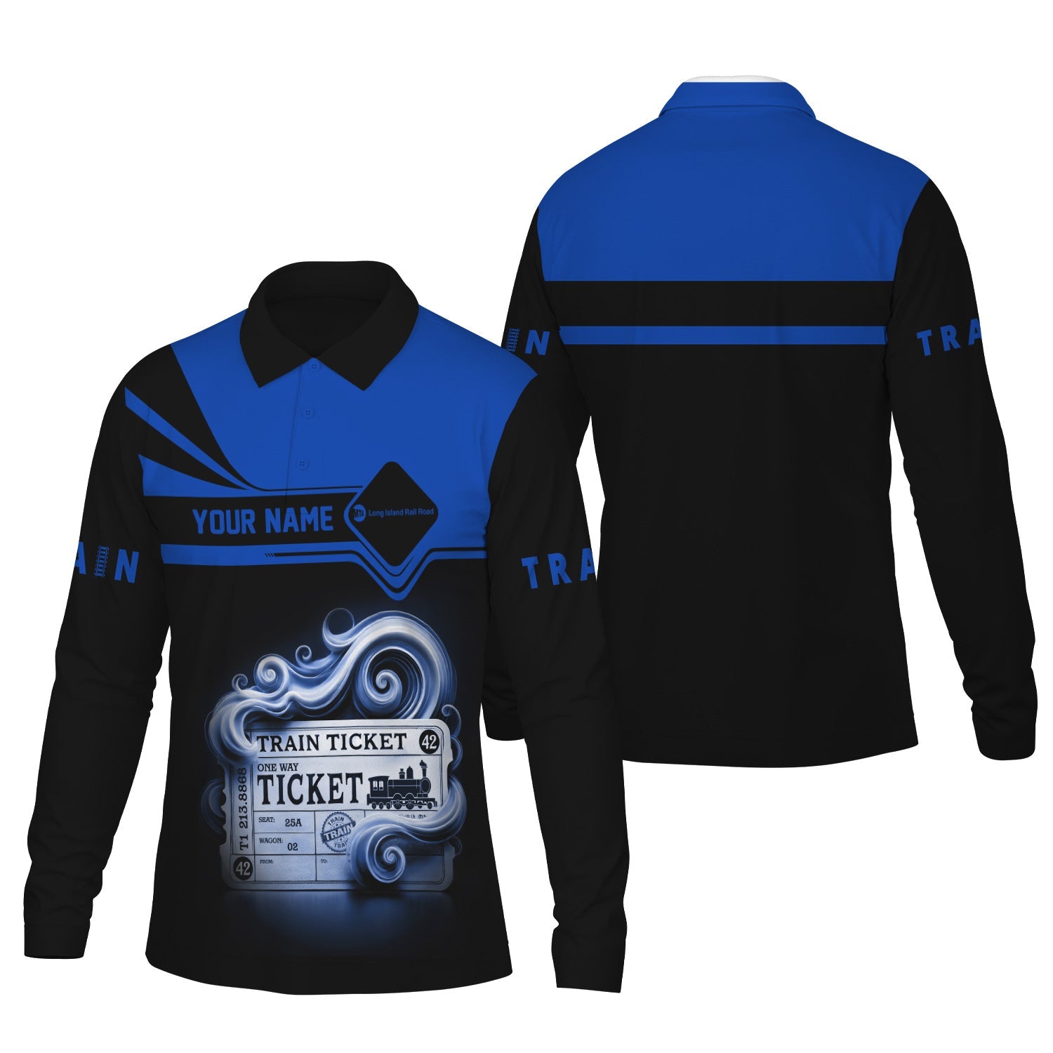 Railspirit Custom Name Long Island Railroad Long Sleeve Polo Shirt Train Ticket Printed Shirt
