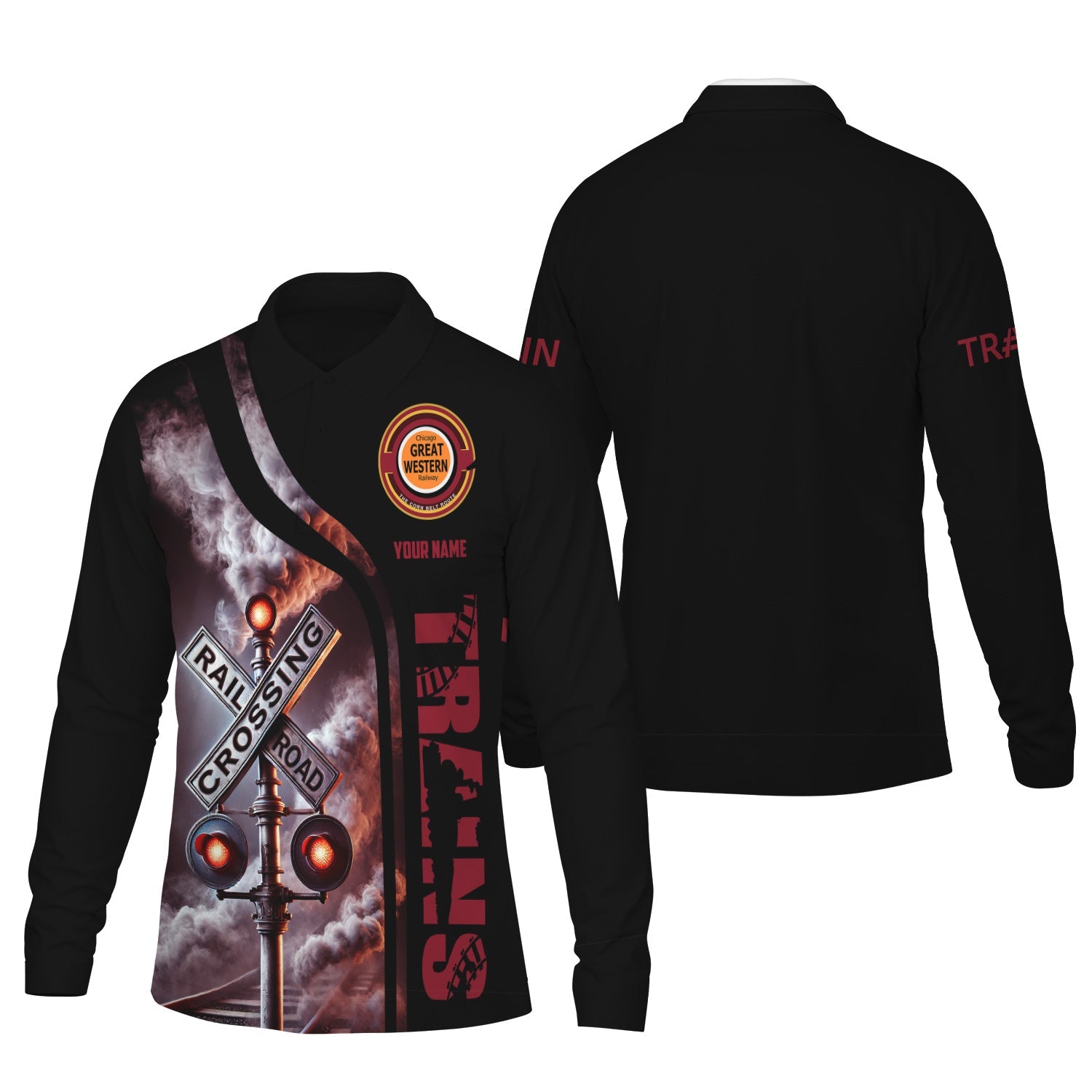 Railspirit Custom Name Chicago Great Western Railroad Long Sleeve Polo Shirt Railroad Crossing Sign Printed Shirt