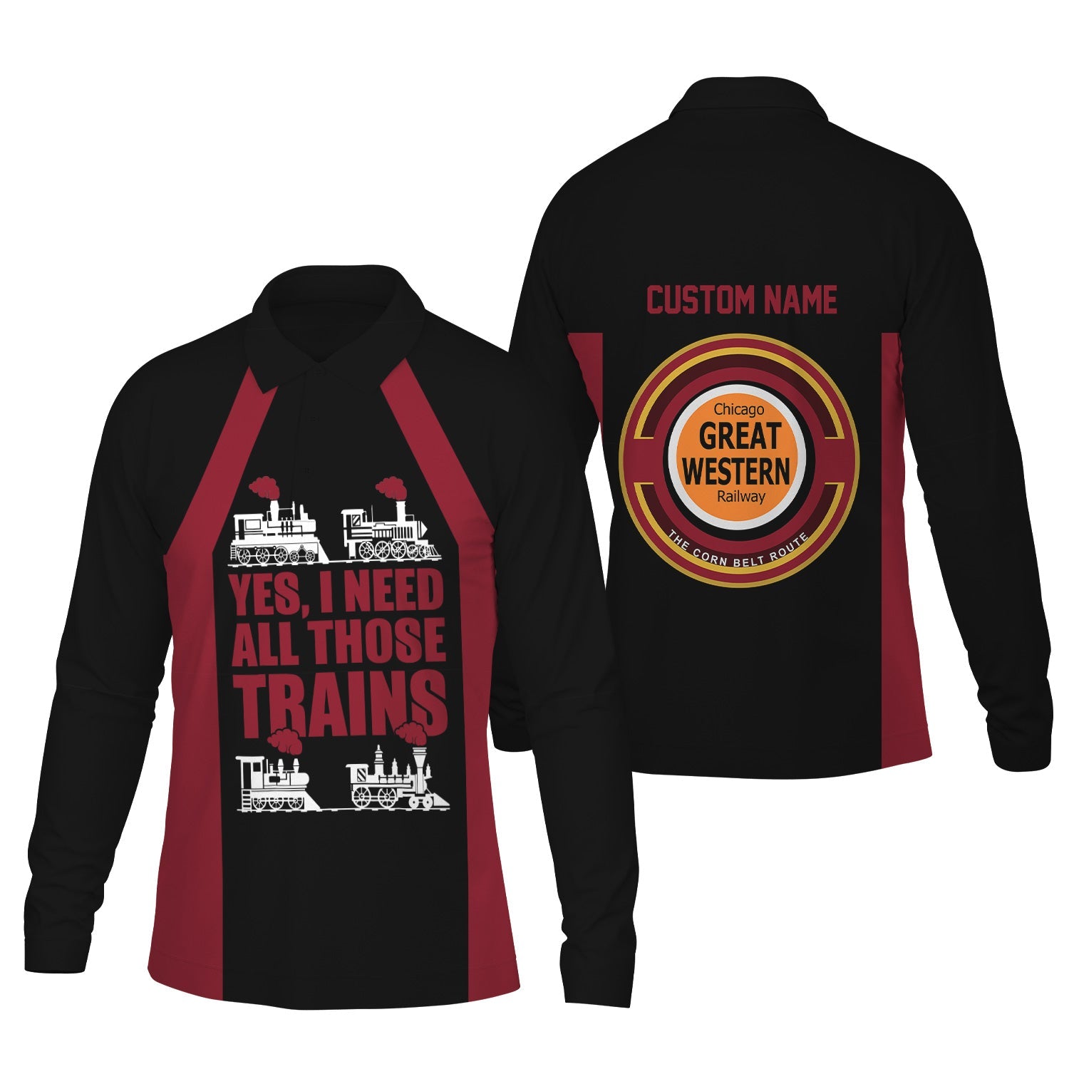 Railspirit Custom Name Chicago Great Western Railroad Long Sleeve Polo Shirt Yes I Need All Those Train Printed Shirt
