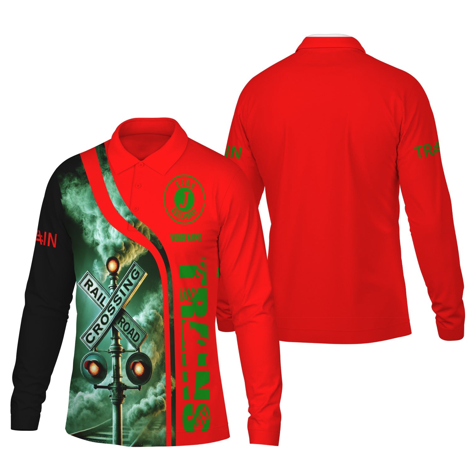 Railspirit Custom Name Elgin Joliet And Eastern Railroad Long Sleeve Polo Shirt Railroad Crossing Sign Printed Shirt