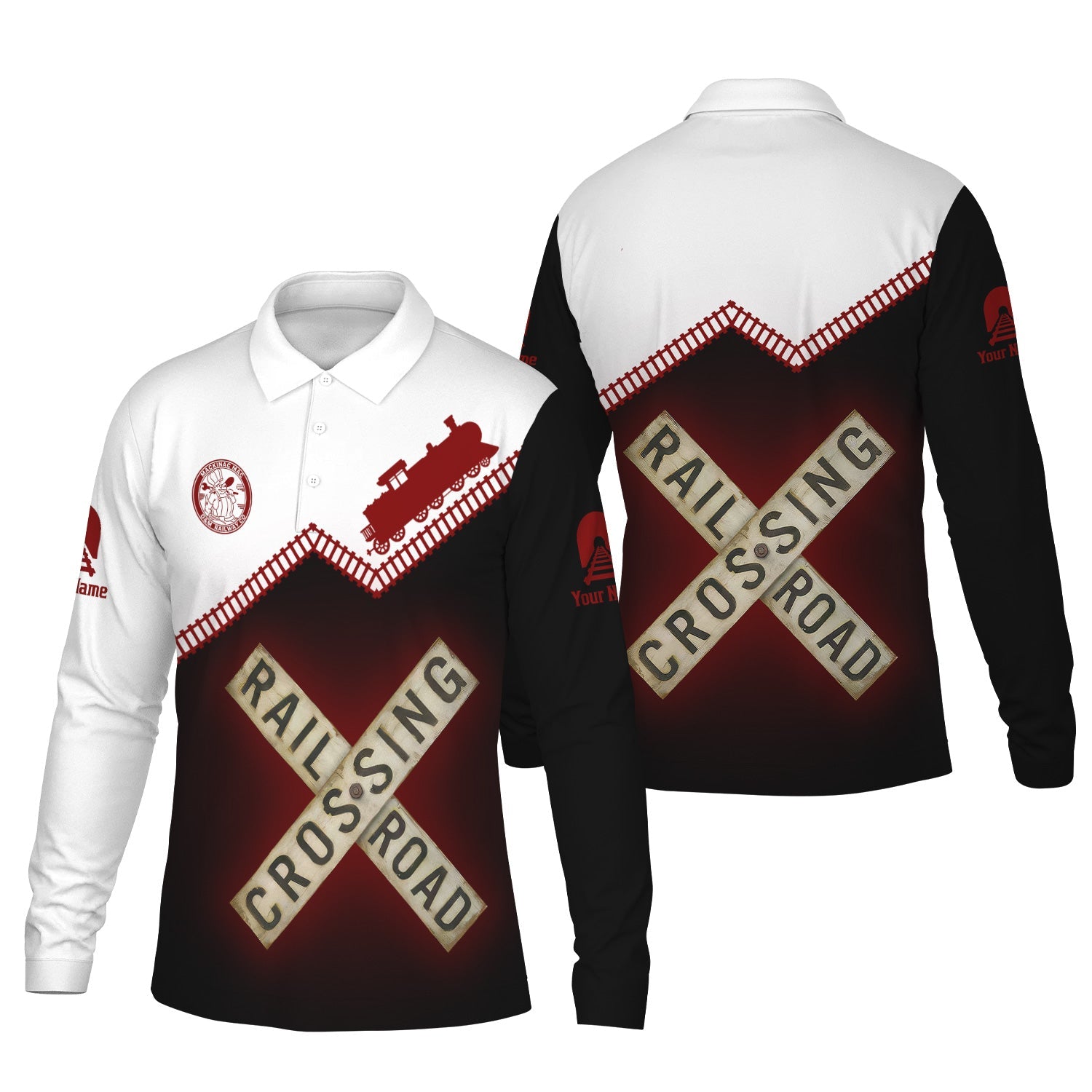 Railspirit Custom Name Detroit & Mackinac Railroad Long Sleeve Polo Shirt Railroad Crossing Printed Train Track Shirt