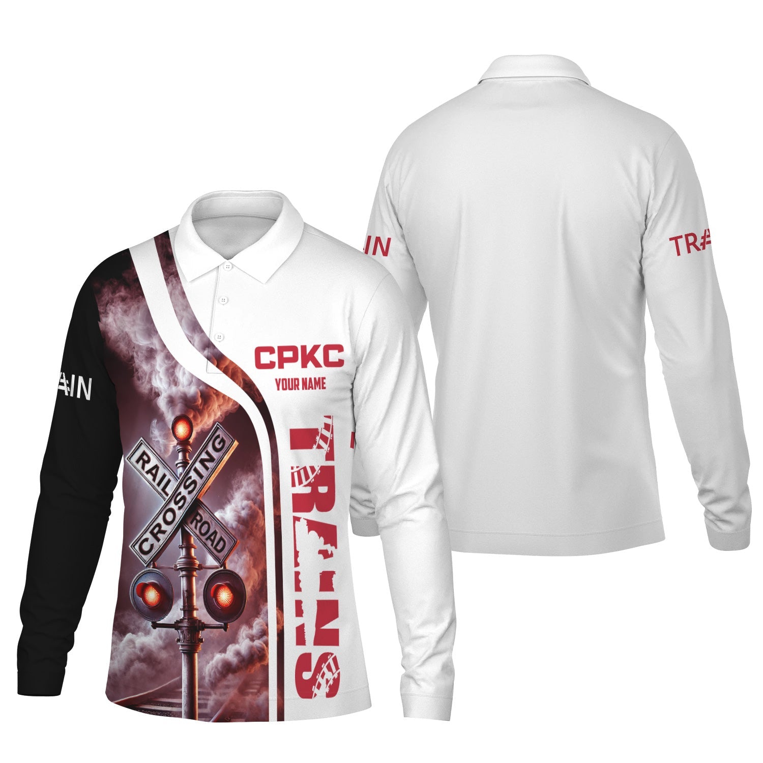 Railspirit Custom Name Canadian Pacific Kansas City Long Sleeve Polo Shirt Railroad Crossing Sign CPKC Printed Shirt