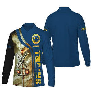 Railspirit Custom Name Alaska Railroad Long Sleeve Polo Shirt Railroad Crossing Sign Printed Shirt