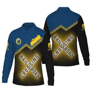 Railspirit Custom Name Alaska Railroad Long Sleeve Polo Shirt Railroad Crossing Printed Train Track Shirt