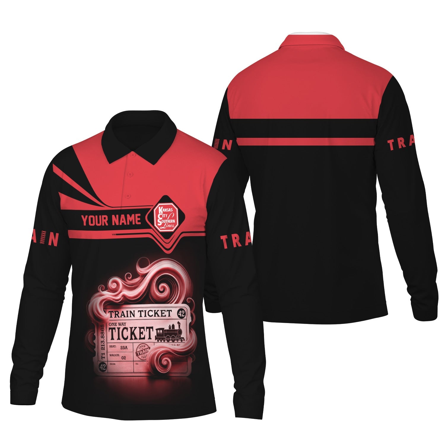 Railspirit Custom Name Kansas City Southern Long Sleeve Polo Shirt Train Ticket Printed Shirt