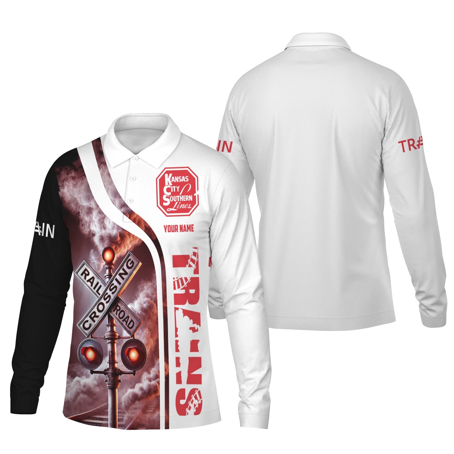 Railspirit Custom Name Kansas City Southern Long Sleeve Polo Shirt Railroad Crossing Sign Printed Shirt