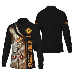 Railspirit Custom Name Genesee & Wyoming Inc. Railroad Long Sleeve Polo Shirt Railroad Crossing Sign Printed Shirt