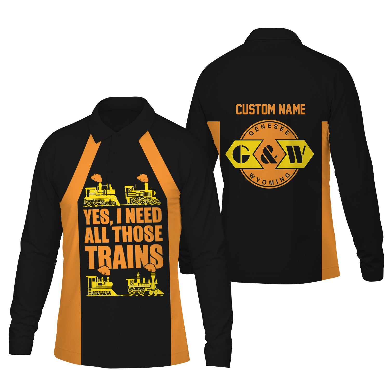 Railspirit Custom Name Genesee & Wyoming Inc. Railroad Long Sleeve Polo Shirt Yes I Need All Those Train Printed Shirt