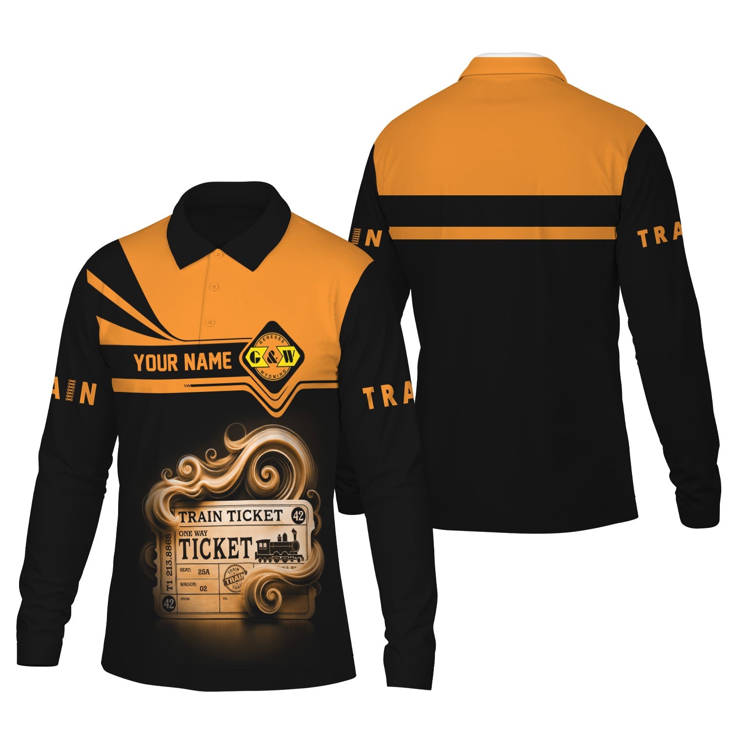 Railspirit Custom Name Genesee & Wyoming Inc. Railroad Long Sleeve Polo Shirt Train Ticket Printed Shirt