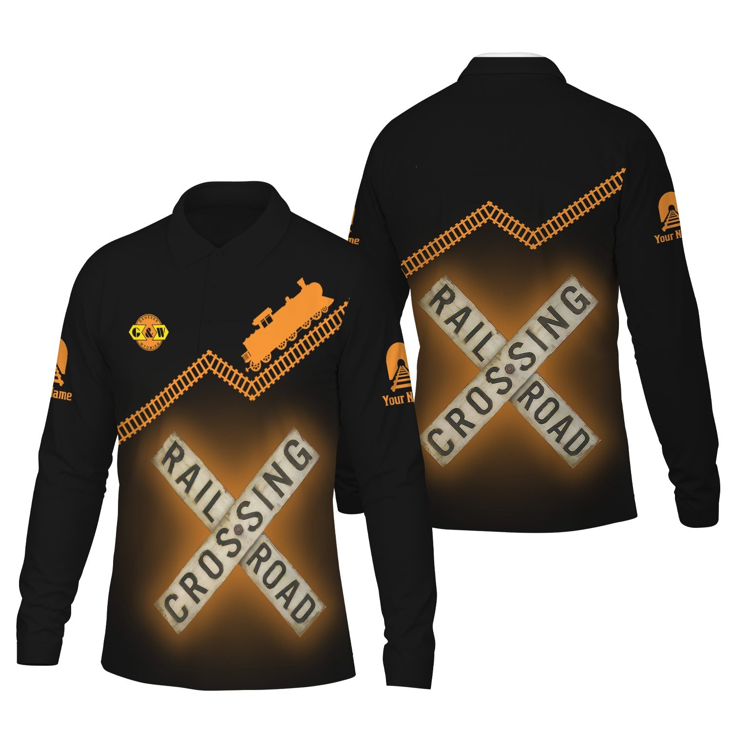 Railspirit Custom Name Genesee & Wyoming Inc. Railroad Long Sleeve Polo Shirt Railroad Crossing Printed Train Track Shirt