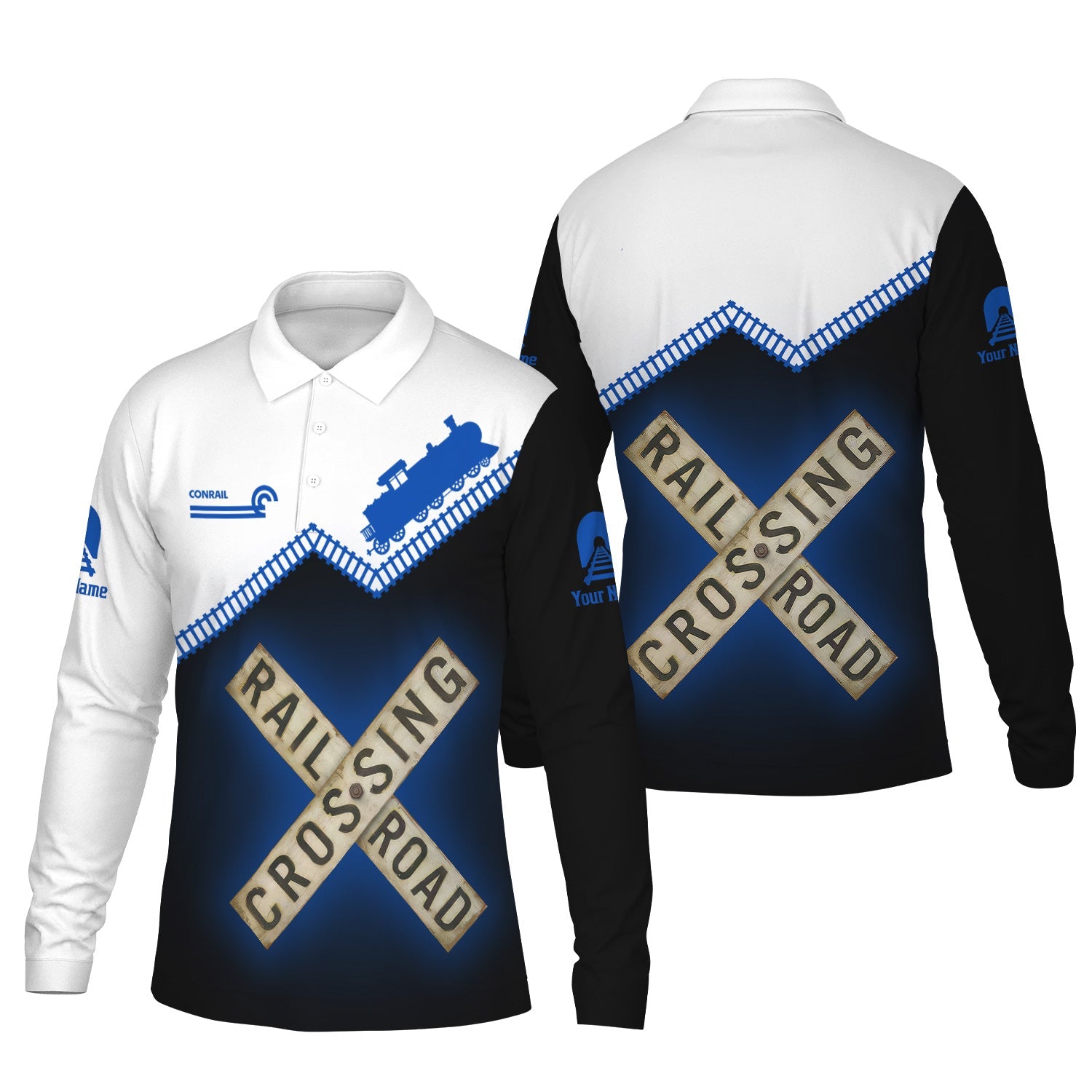 Railspirit Custom Name Conrail Railroad Long Sleeve Polo Shirt Railroad Crossing Printed Train Track Shirt