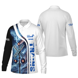 Railspirit Custom Name Conrail Railroad Long Sleeve Polo Shirt Railroad Crossing Sign Printed Shirt