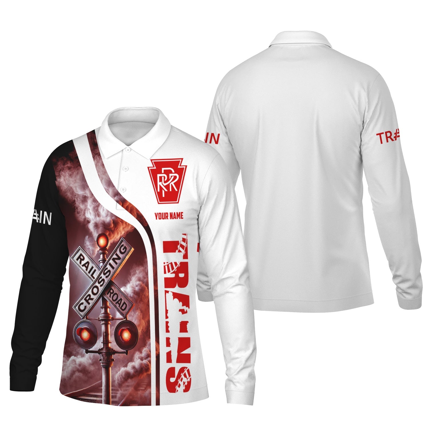 Railspirit Custom Name Pennsylvania Railroad Long Sleeve Polo Shirt Railroad Crossing Sign Printed Shirt