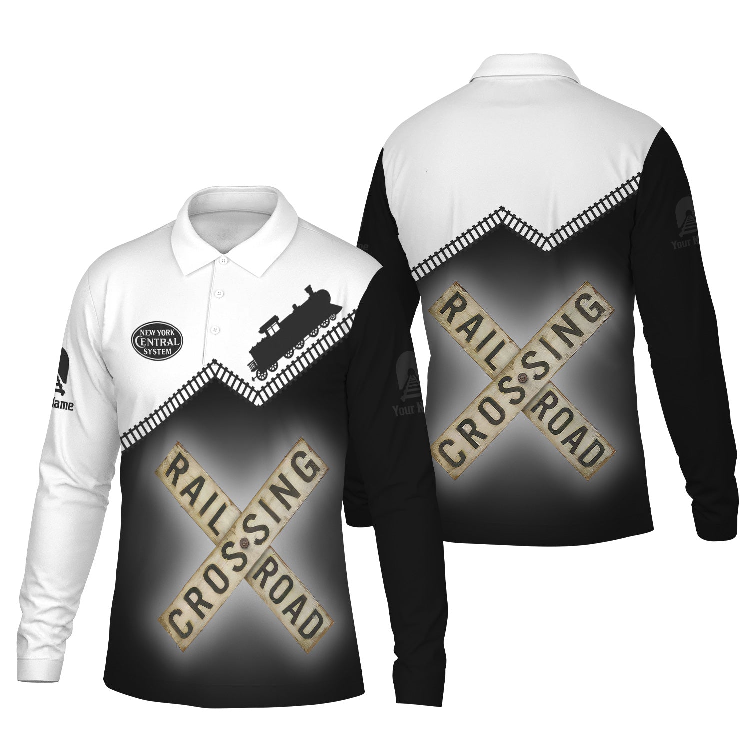 Railspirit Custom Name New York Central Railroad Long Sleeve Polo Shirt Railroad Crossing Printed Train Track Shirt