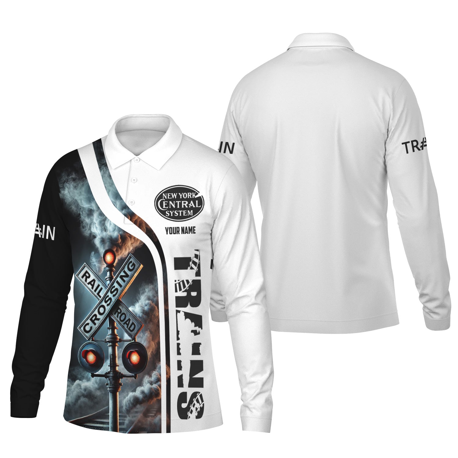 Railspirit Custom Name New York Central Railroad Long Sleeve Polo Shirt Railroad Crossing Sign Printed Shirt