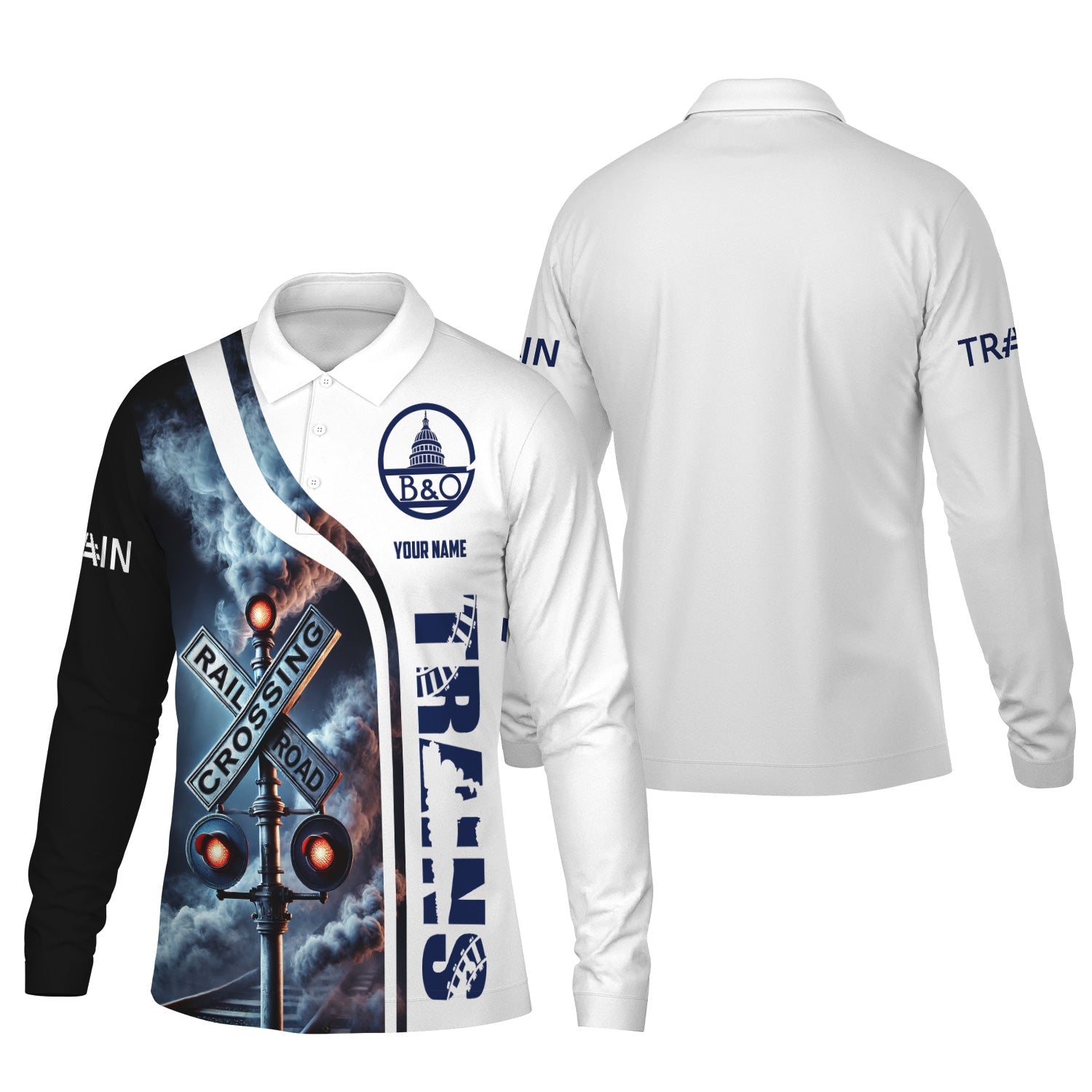 Railspirit Custom Name Baltimore and Ohio Railroad Long Sleeve Polo Shirt Railroad Crossing Sign B&O Printed Shirt