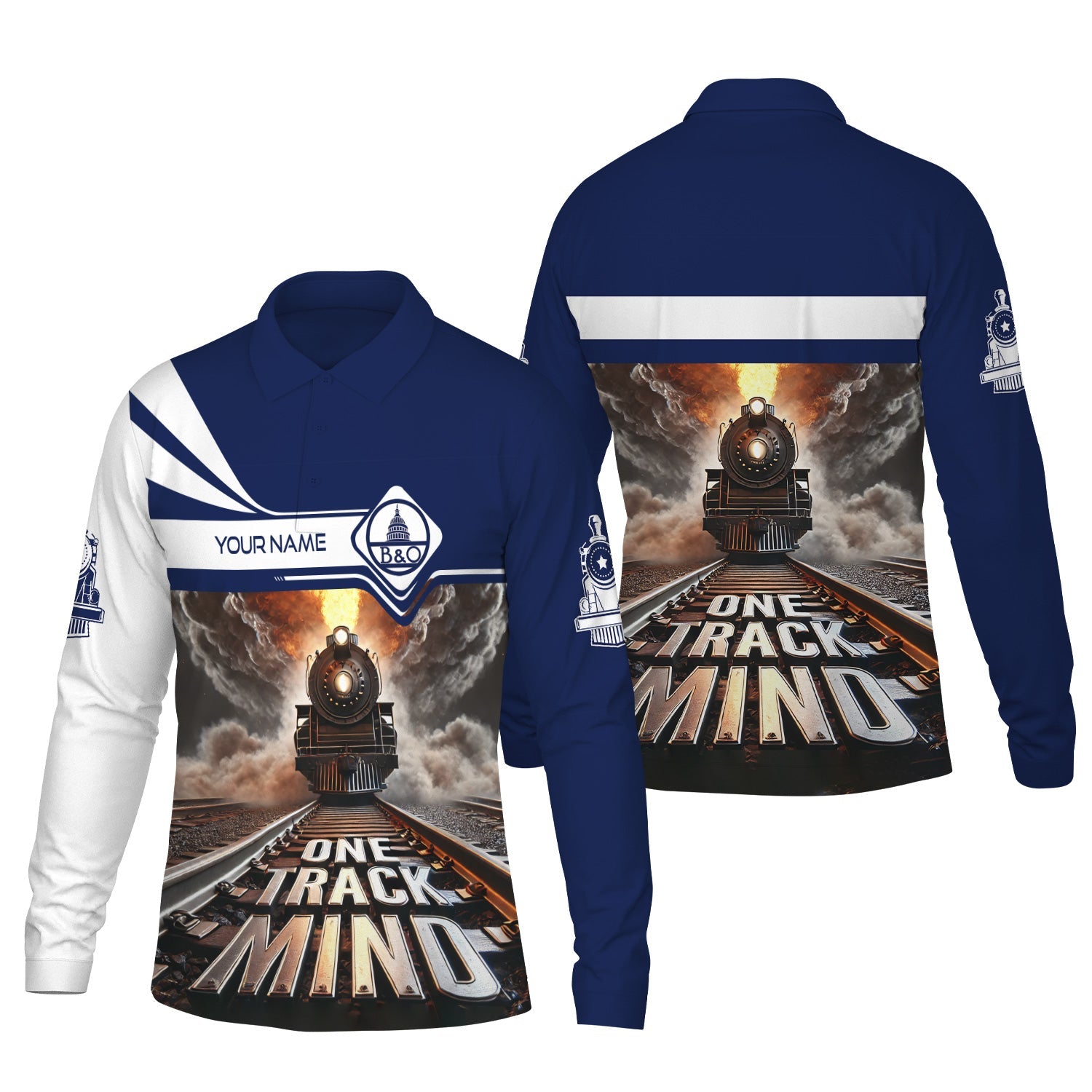 Railspirit Personalized Baltimore and Ohio Railroad Long Sleeve Polo Shirt One Track Mind B&O Train Printed Shirt