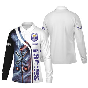 Railspirit Custom Name Southern Pacific Railroad Long Sleeve Polo Shirt Railroad Crossing Sign Printed Shirt