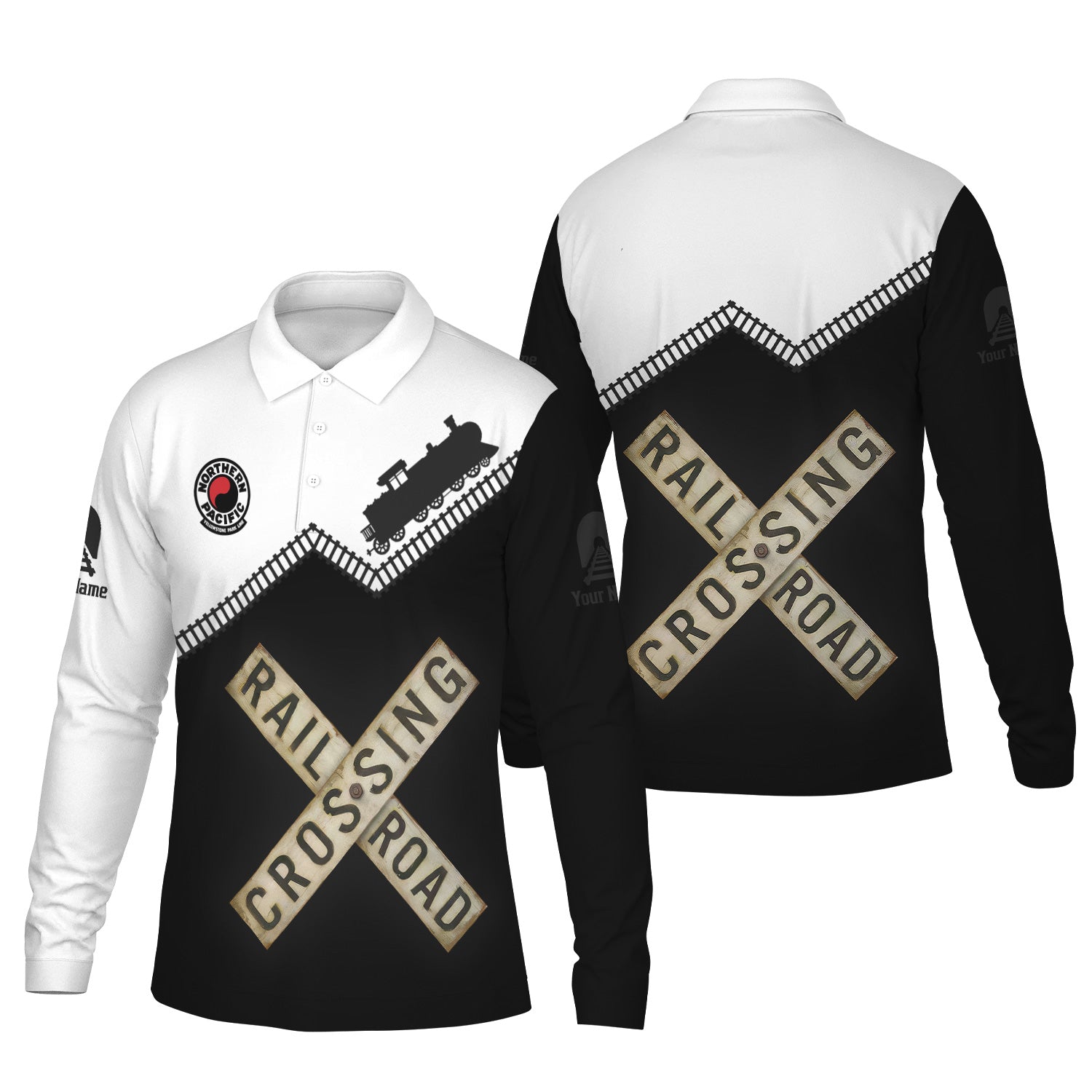 Railspirit Custom Name Northern Pacific Railway Long Sleeve Polo Shirt Railroad Crossing Printed Train Track Shirt