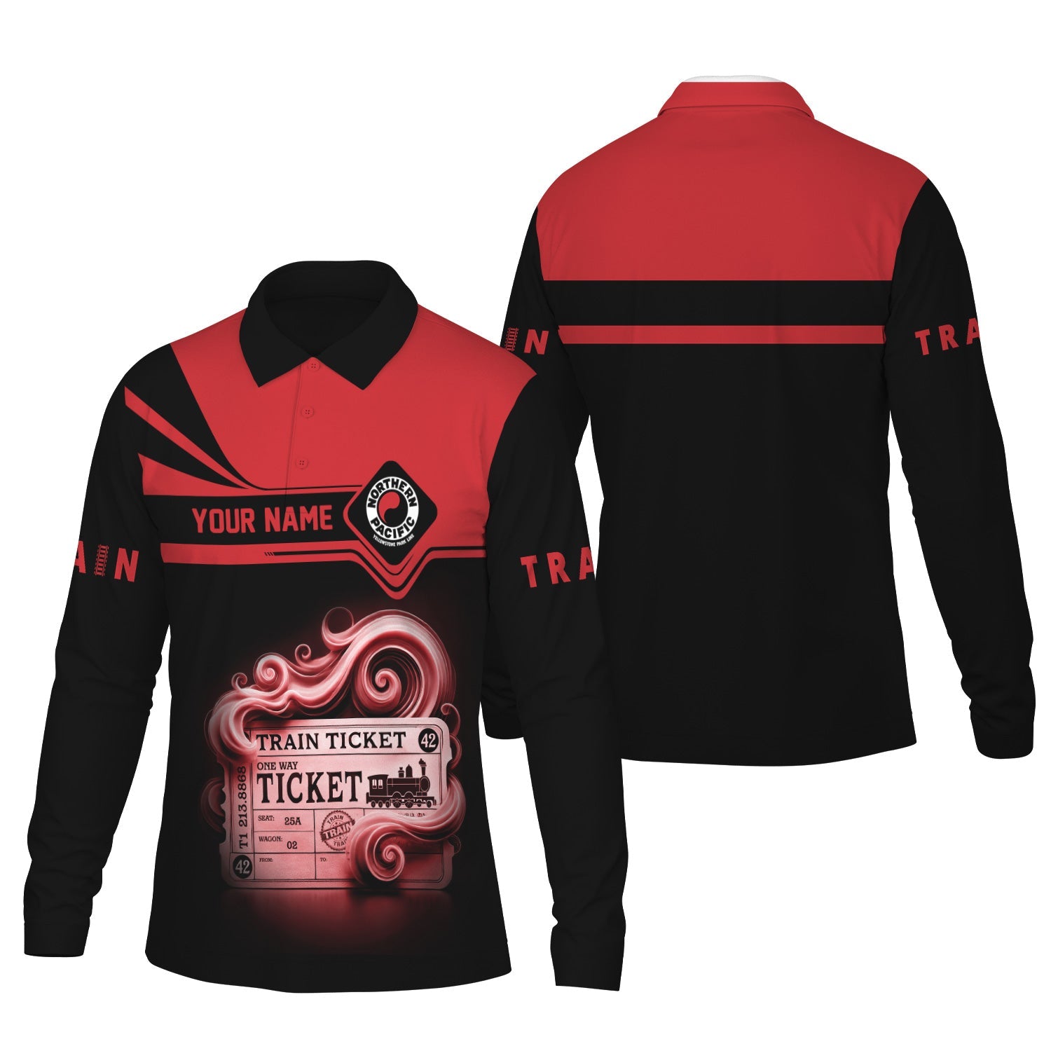 Railspirit Custom Name Northern Pacific Railway Long Sleeve Polo Shirt Train Ticket Printed Shirt