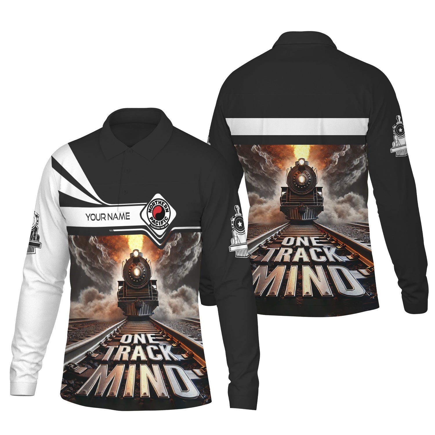 Railspirit Personalized Northern Pacific Railway Long Sleeve Polo Shirt One Track Mind Train Printed Shirt