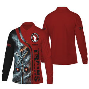 Railspirit Custom Name Great Northern Railway Long Sleeve Polo Shirt Railroad Crossing Sign GNR Printed Shirt