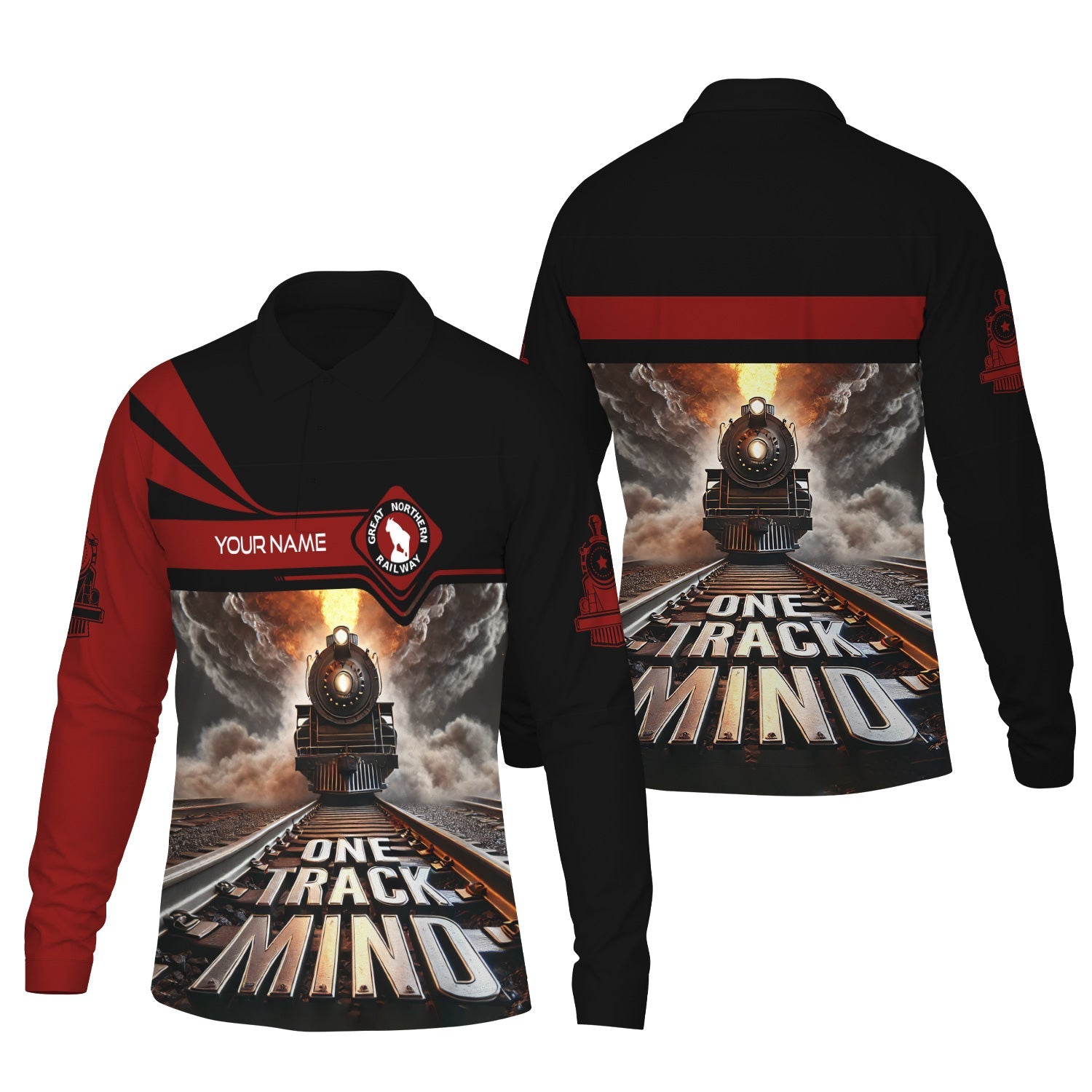 Railspirit Personalized Great Northern Railway Long Sleeve Polo Shirt One Track Mind GNR Train Printed Shirt