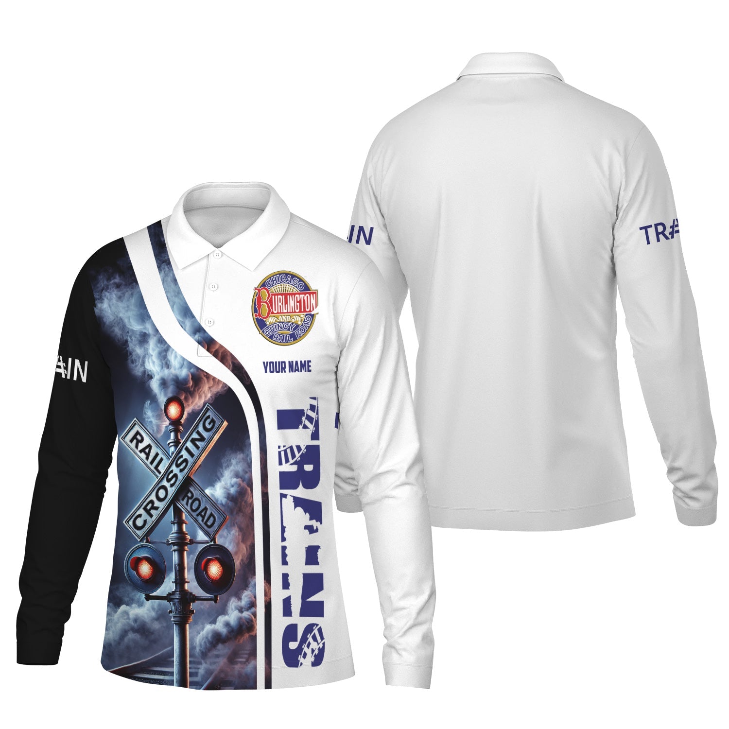 Railspirit Custom Name Chicago, Burlington and Quincy Railroad Long Sleeve Polo Shirt Railroad Crossing Sign Printed Shirt