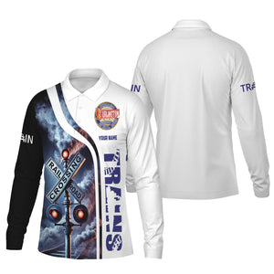 Railspirit Custom Name Chicago, Burlington and Quincy Railroad Long Sleeve Polo Shirt Railroad Crossing Sign Printed Shirt