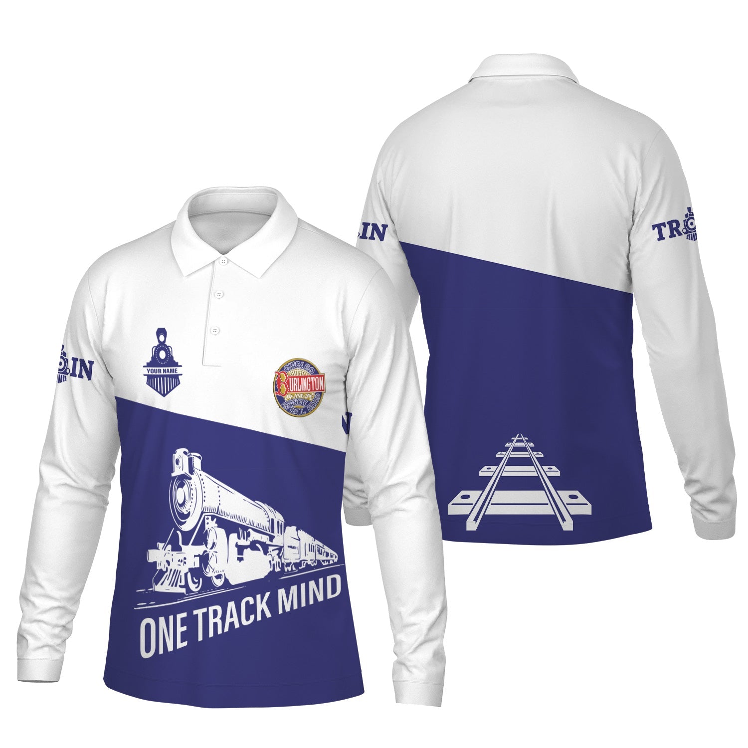 Railspirit Custom Name Chicago, Burlington and Quincy Railroad Long Sleeve Polo Shirt One Track Mind Printed Shirt