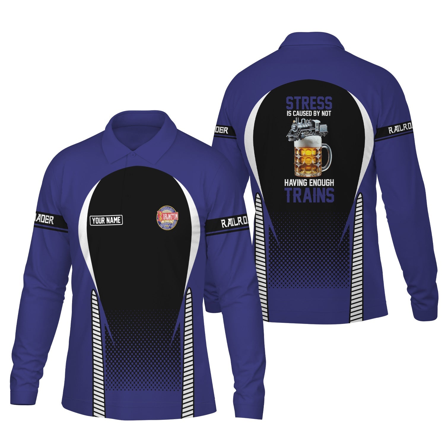 Railspirit Personalized Chicago, Burlington and Quincy Railroad Long Sleeve Polo Shirt Train Long Sleeve Polo Shirt Gift Idea For Train Lover