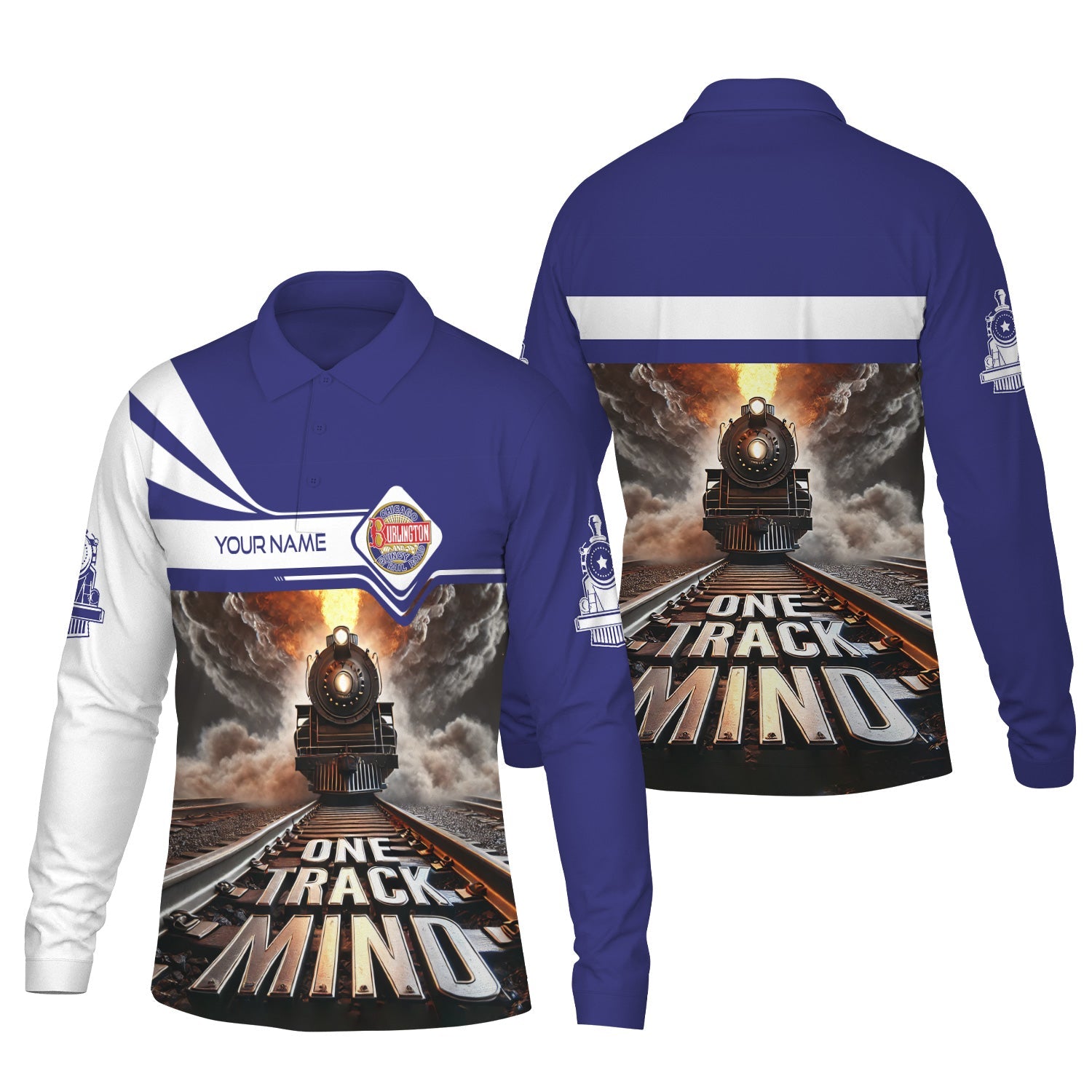 Railspirit Personalized Chicago, Burlington and Quincy Railroad Long Sleeve Polo Shirt One Track Mind Train Printed Shirt