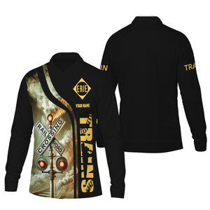 Railspirit Custom Name Erie Railroad Long Sleeve Polo Shirt Railroad Crossing Sign Printed Shirt