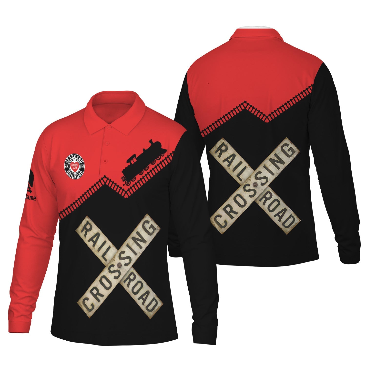 Railspirit Custom Name Seaboard Air Line Railroad Long Sleeve Polo Shirt Railroad Crossing Printed Train Track Shirt