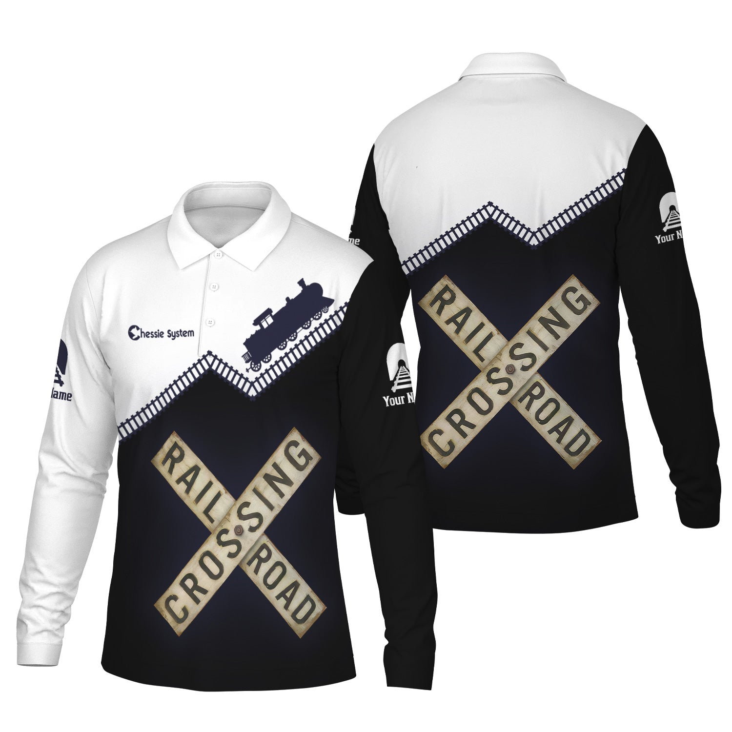 Railspirit Custom Name Chessie System Railroad Long Sleeve Polo Shirt Railroad Crossing Printed Train Track Shirt