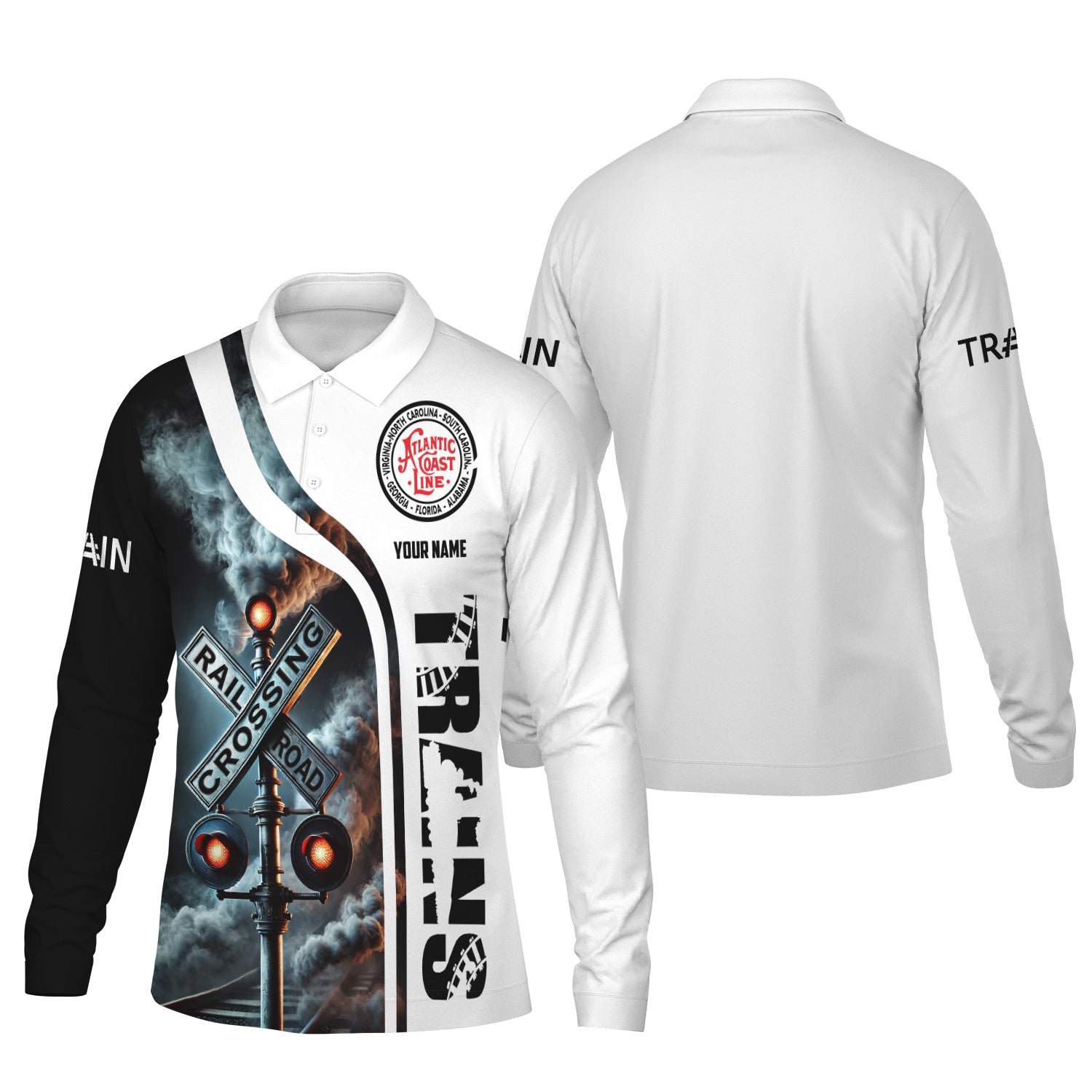 Railspirit Custom Name Atlantic Coast Line Railroad Long Sleeve Polo Shirt Railroad Crossing Sign Printed Shirt