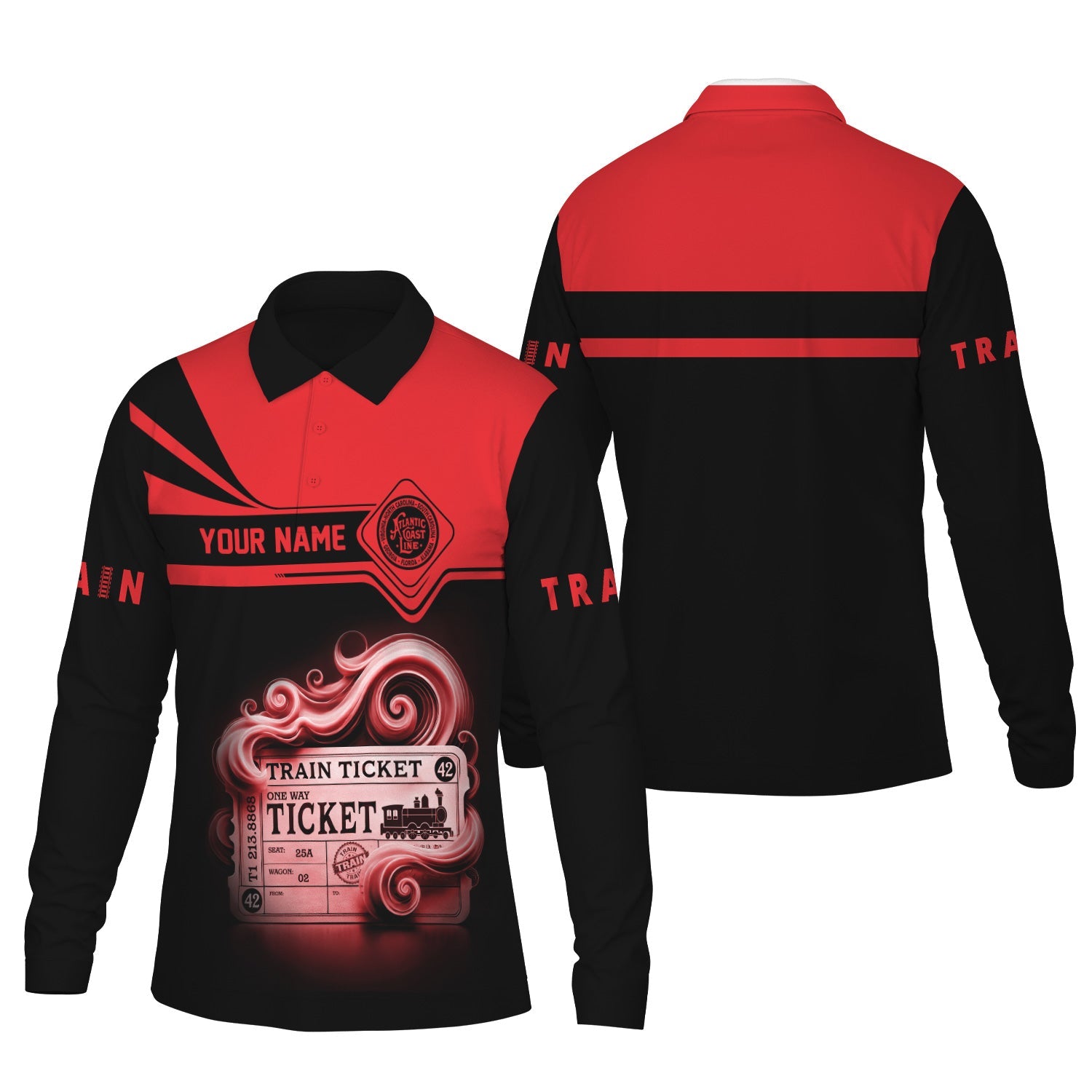 Railspirit Custom Name Atlantic Coast Line Railroad Long Sleeve Polo Shirt Train Ticket Printed Shirt