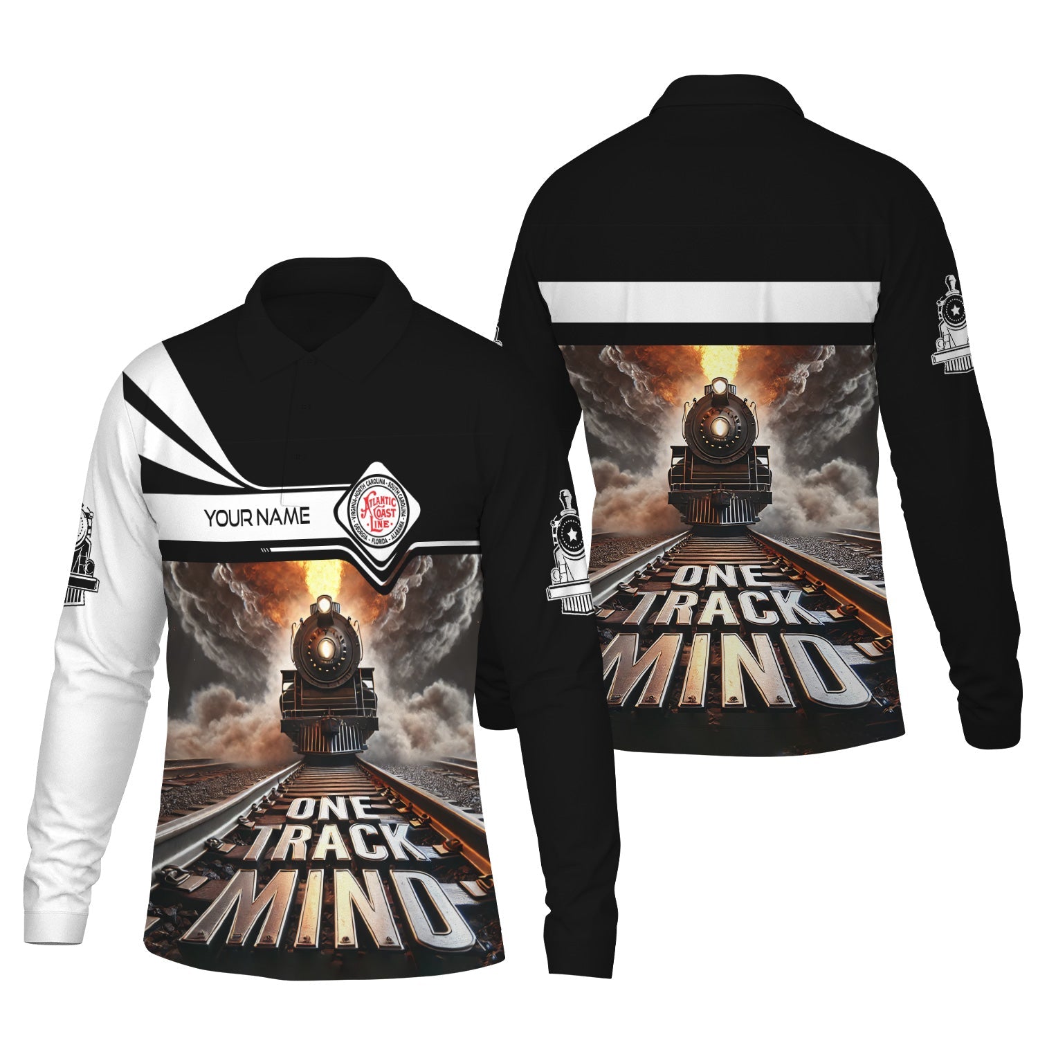 Railspirit Personalized Atlantic Coast Line Railroad Long Sleeve Polo Shirt One Track Mind Train Printed Shirt