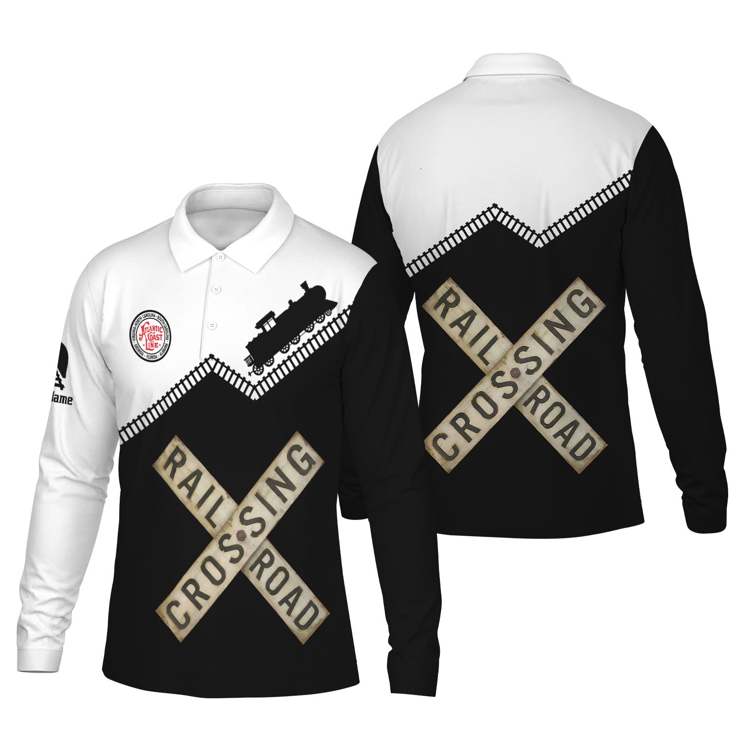 Railspirit Custom Name Atlantic Coast Line Railroad Long Sleeve Polo Shirt Railroad Crossing Printed Train Track Shirt